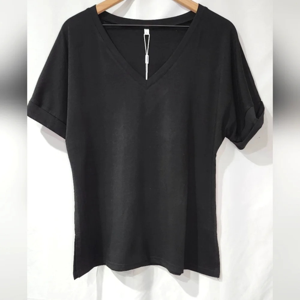 Sampeel NWT Womens V-Neck T-Shirt Size L Black Cuffed Sleeve Classic Staple - Picture 1 of 4